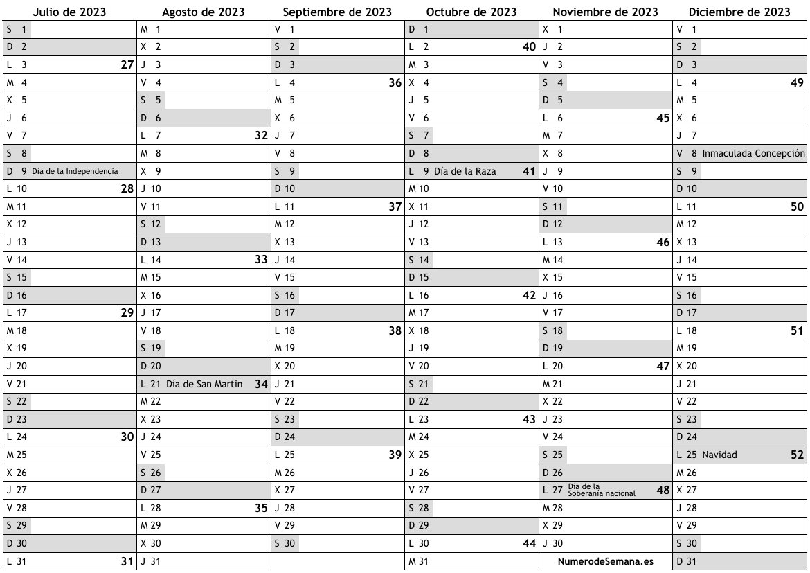 Calendario 2023, segundo semestre