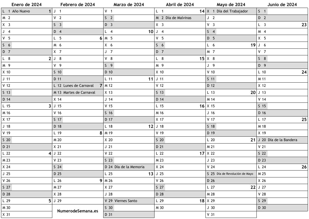 Calendario para 2024 con días festivos e números de semana … almanaques