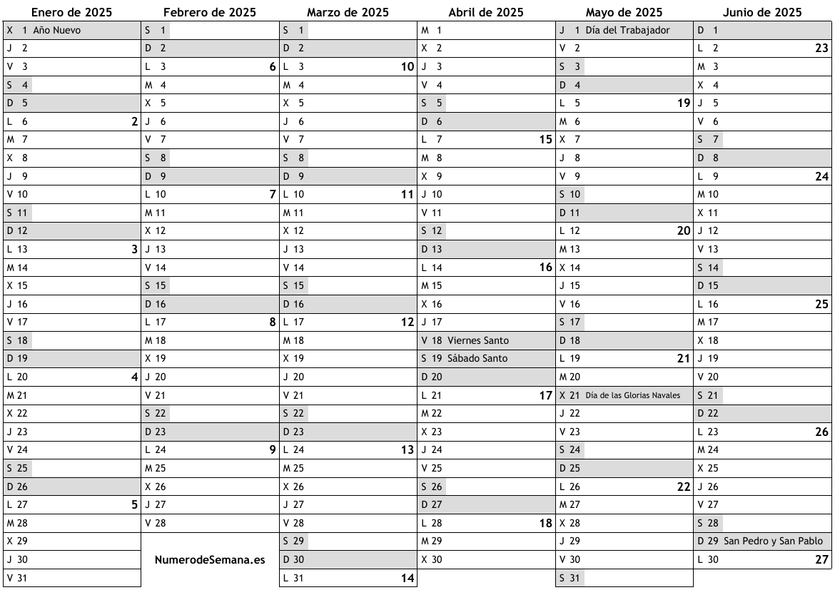 Calendario para 2025 con días festivos e números de semana … almanaques