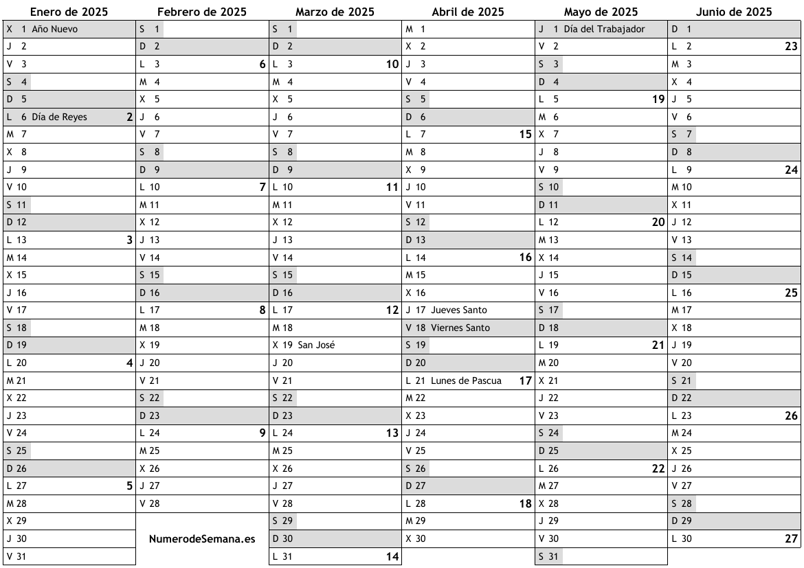 Calendario para 2025 con días festivos e números de semana … almanaques