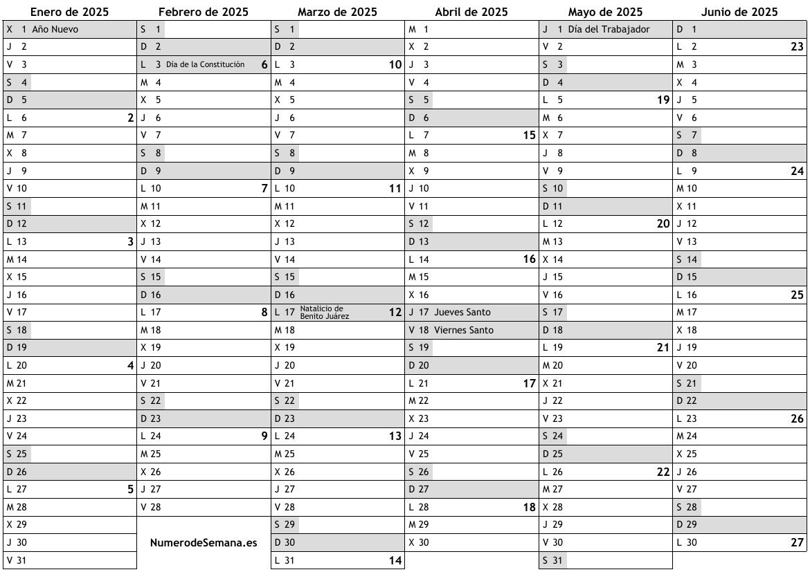 Calendario para 2025 con días festivos e números de semana … almanaques